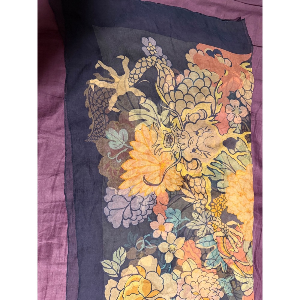 Liberty of London Silk Scarf Dragon Floral Navy Blue Made in England Rectangular